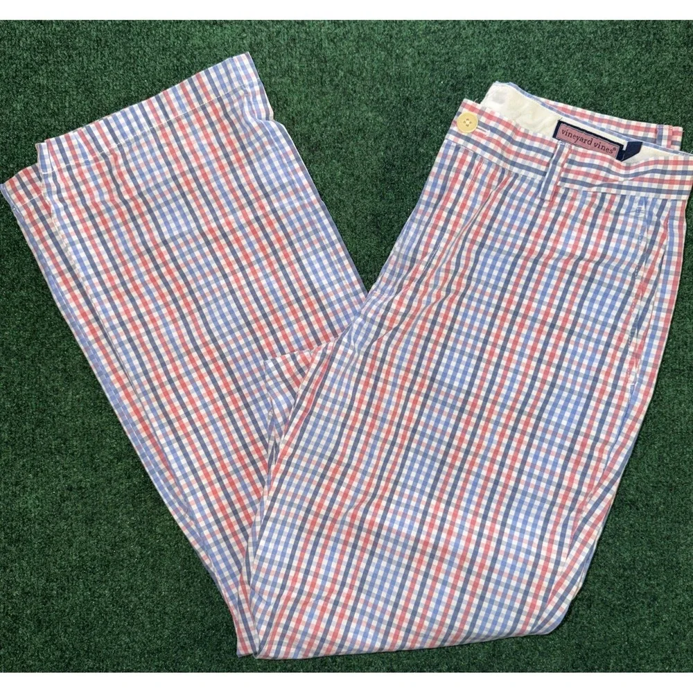 Vineyard Vine Men's Plaid Causal Chino Pants Men's Size 33x32 Pink Blue White